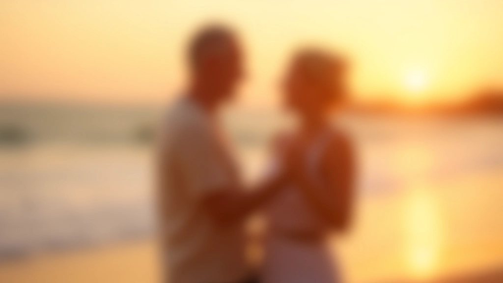 Mature couple dancing salsa on sandy beach with warm sunset lighting in background