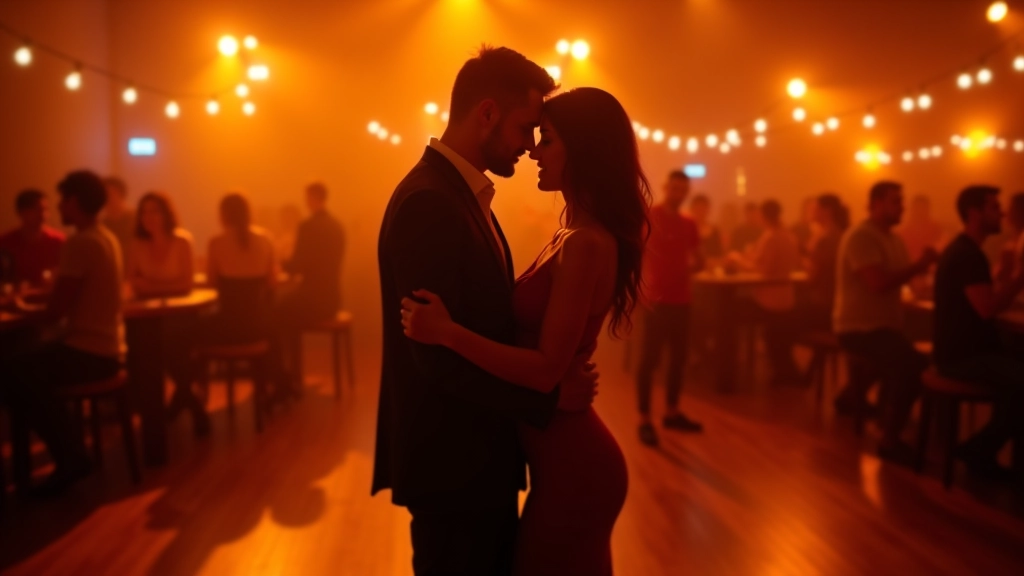 Couples dancing kizomba in a dimly lit dance hall with warm amber lighting and wooden floors