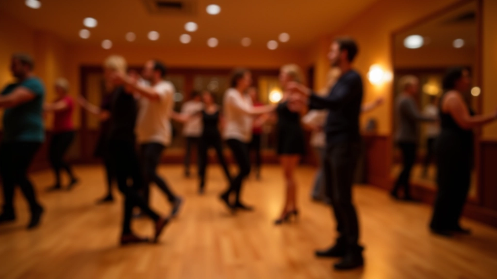 Intimate dance studio space in Liepāja with wooden floors and warm amber lighting, groups of mature dancers practicing together