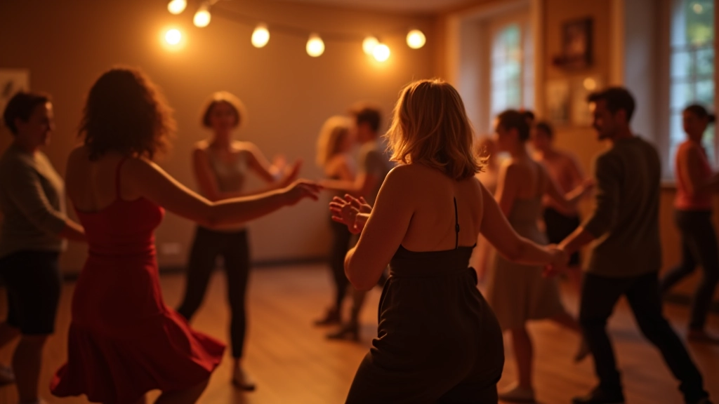 Community of dancers aged 45 and older enjoying kizomba and salsa together in a welcoming studio environment