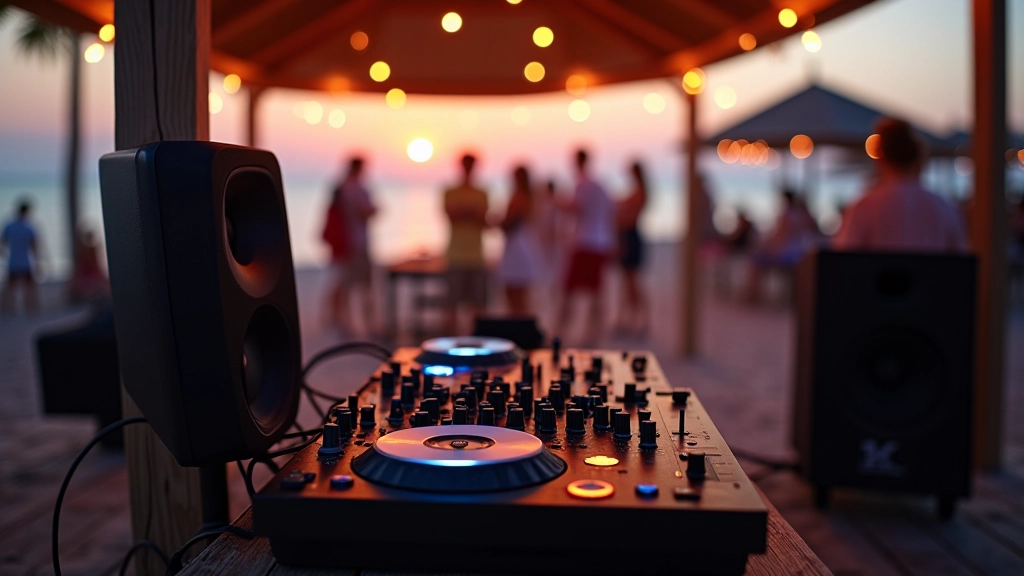 DJ setup with speaker equipment on beach pavilion during evening with ambient lighting and beachgoers nearby