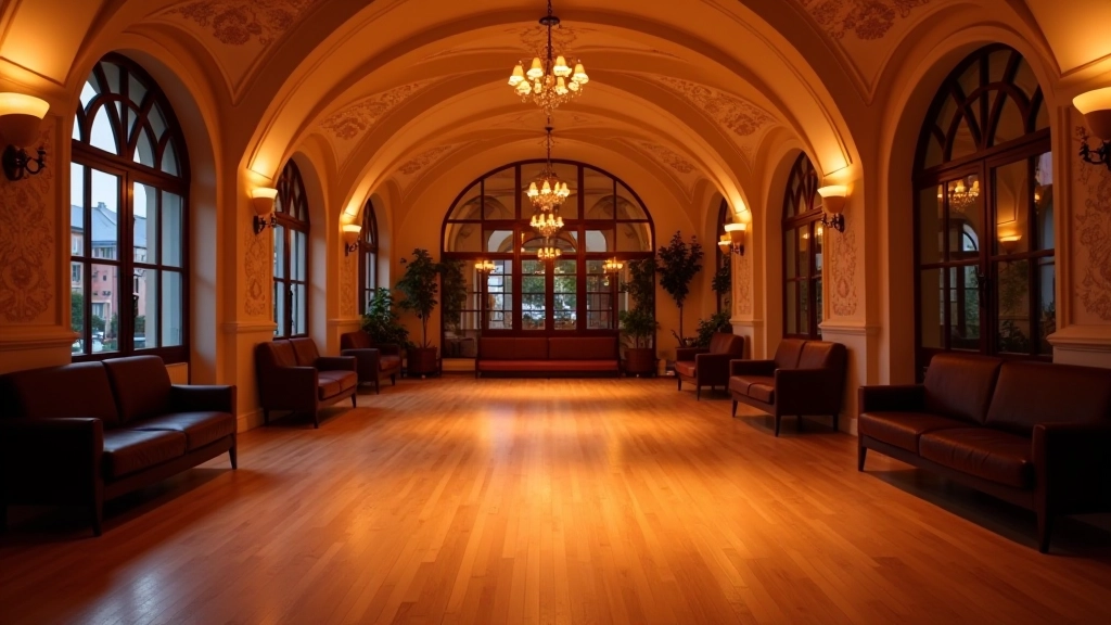 Modern dance venue interior in Liepāja with elegant arched ceilings, warm lighting fixtures, and polished wooden dance floor