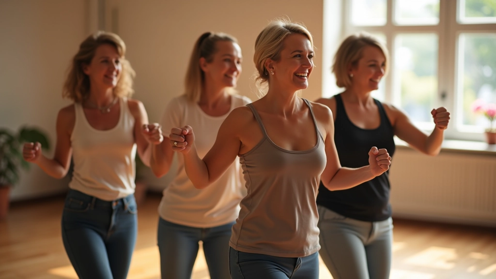 Group of mature adults dancing together in a modern studio with warm lighting and wooden flooring