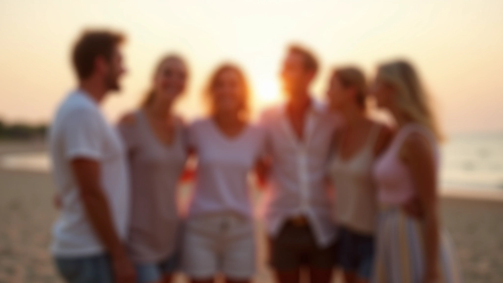 Group of diverse mature adults socializing and laughing together on beach at dusk, casual and friendly atmosphere
