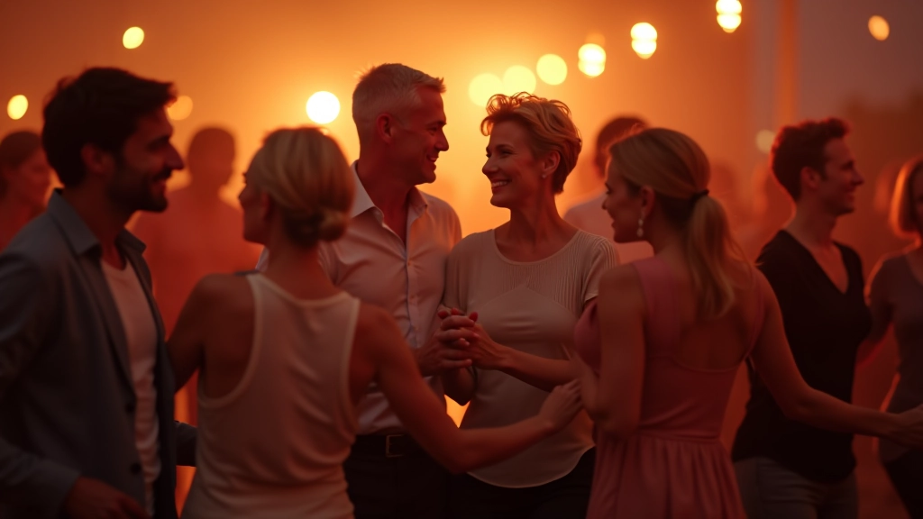 Group of mature dancers at a social dance event, multiple couples enjoying salsa together in a welcoming environment