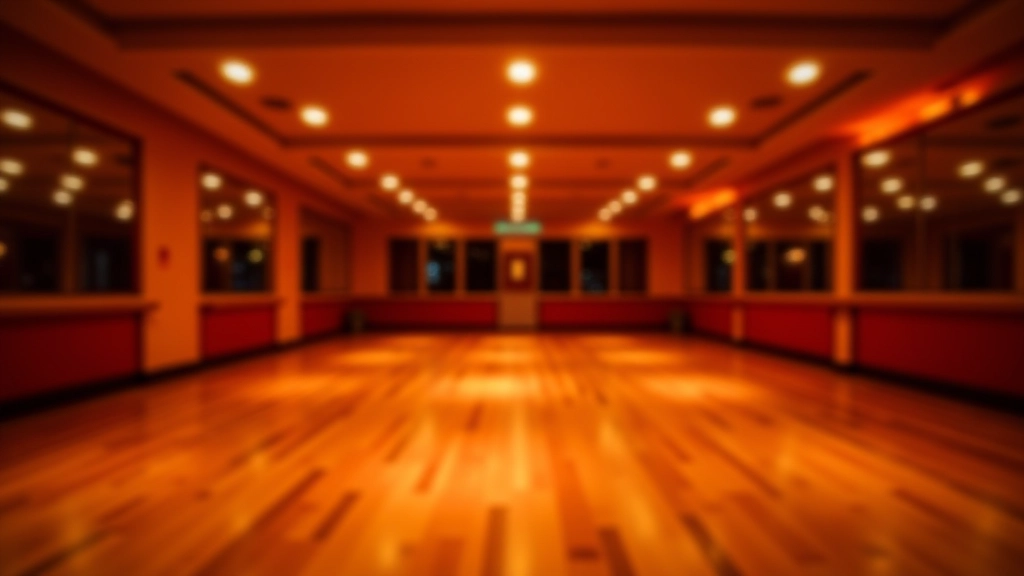 Interior of a traditional dance hall in Riga with wooden floors and warm ambient lighting suitable for kizomba dancing