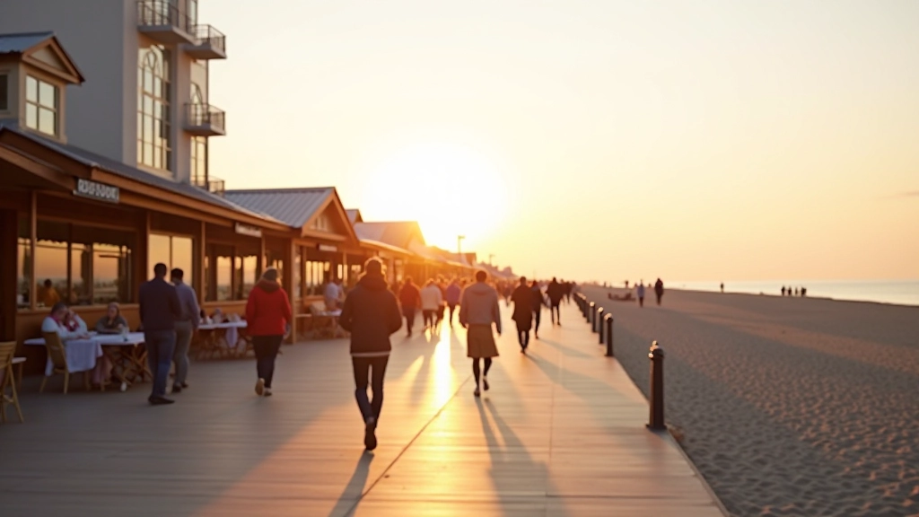 Beach promenade in Jūrmala during late afternoon with golden light, beach pavilions and people visible along the coastline