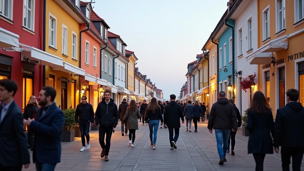 Coastal town street scene showing Liepāja's vibrant cultural atmosphere and architecture