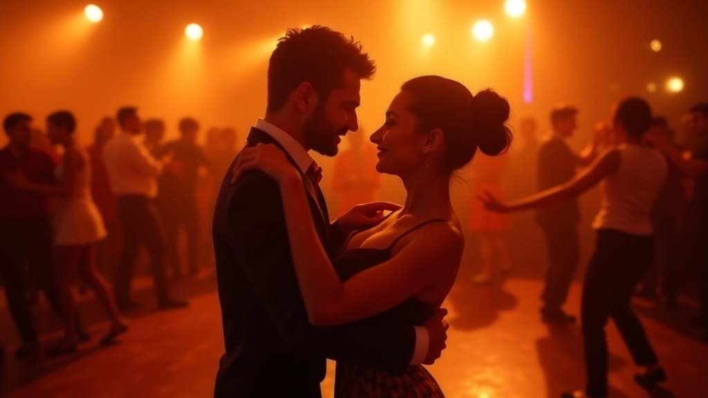 Salsa dancers performing on a social dance floor with multiple couples visible in background