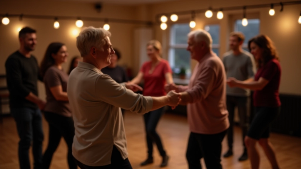 Group of mature adults partnering and connecting on dance floor