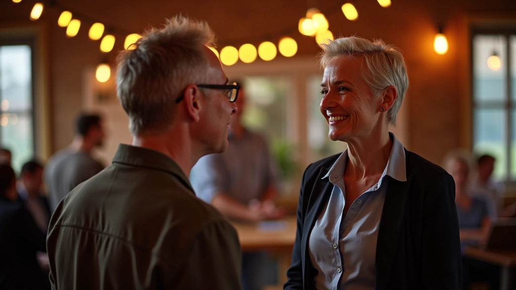 Group of mature dancers aged 45+ standing together in casual conversation after a dance session, relaxed friendly atmosphere