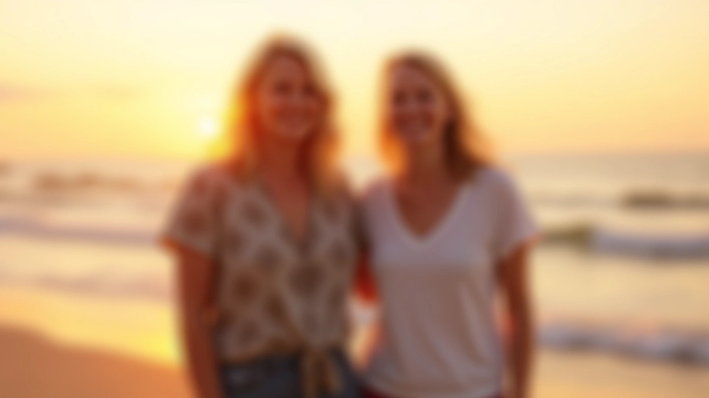 Group of mature dancers in casual attire standing together on a sandy beach with waves in background during sunset