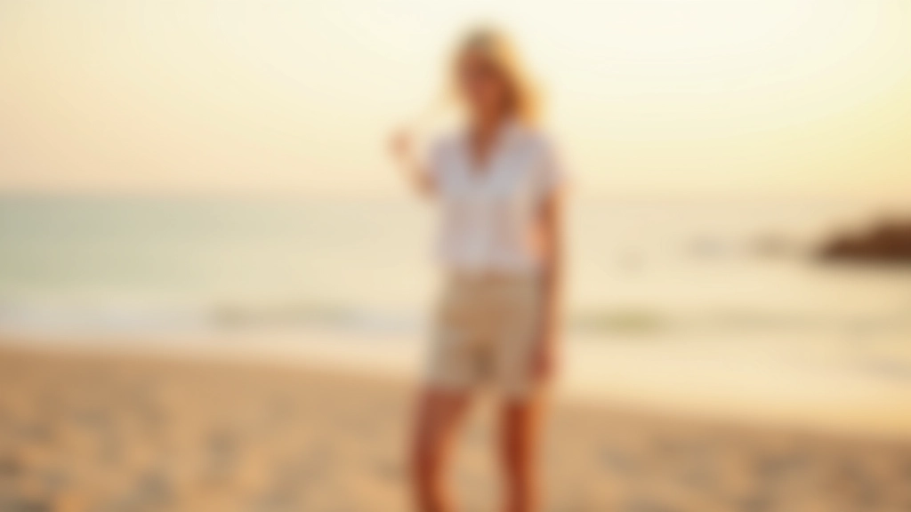 Woman in casual beachwear and light linen shirt standing on sandy beach with relaxed posture, perfect for beach dancing