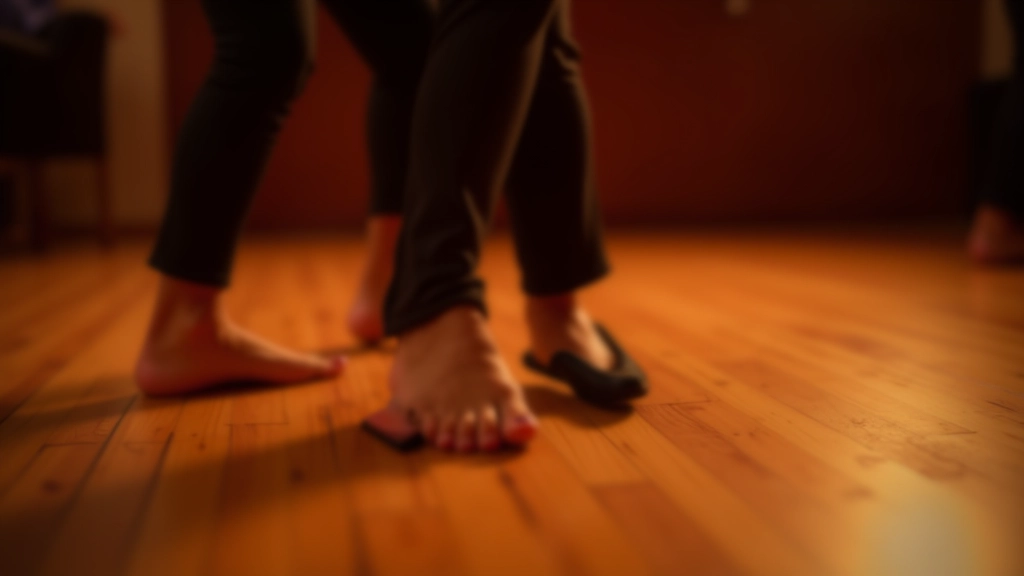 Close-up of dancers' feet showing salsa timing patterns on wooden dance floor with marked rhythm indicators